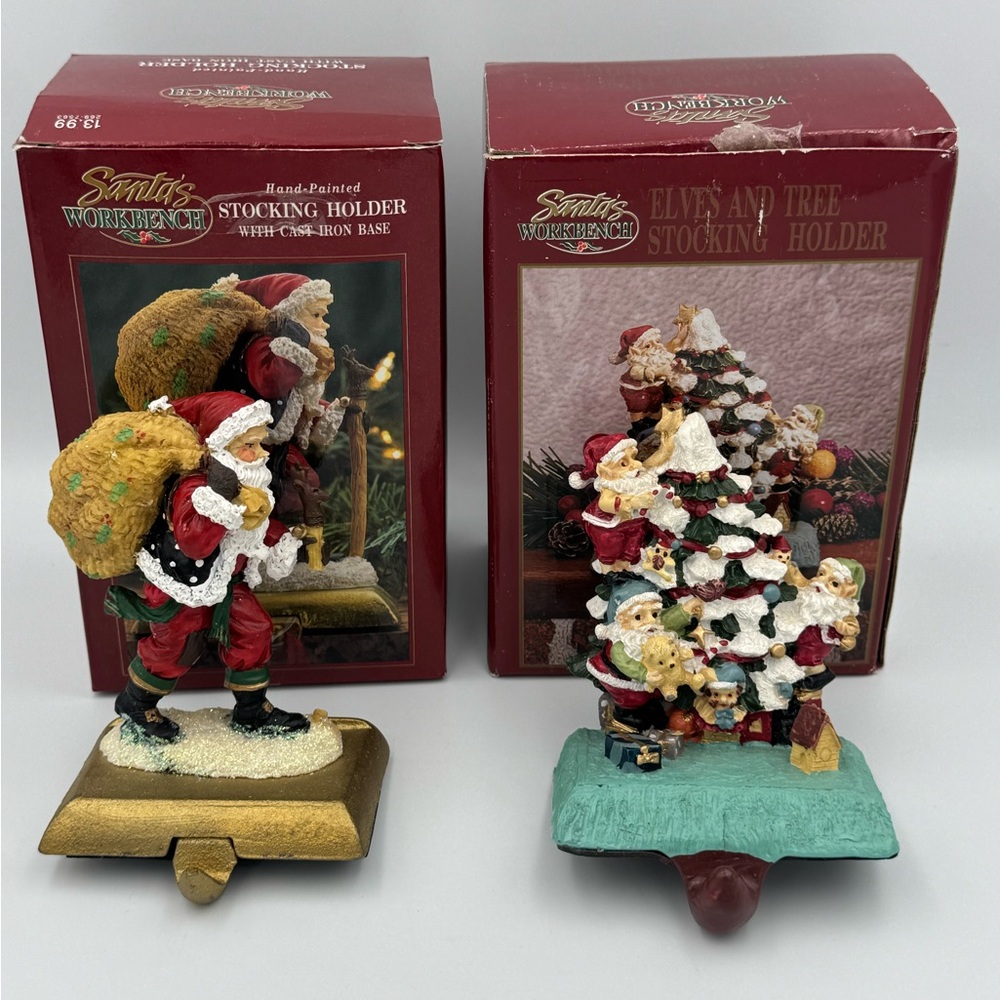 VTG Santa’s Workbench Stocking Holders‎ Set Hand Painted Santa Elves Tree Mantel